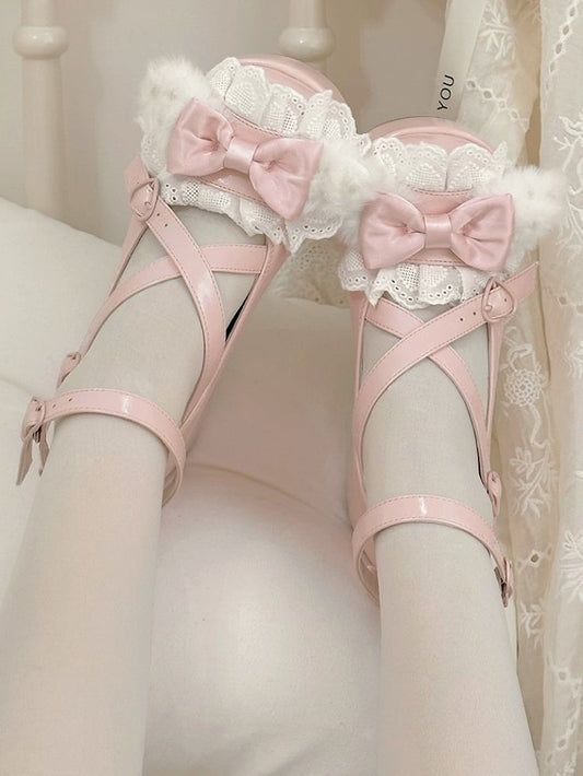 With Platforms Ear Bow Bunny Crisscross Decorated Pompon PinkWhite Design Plush Top at