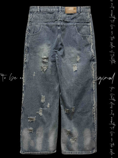 and Jeans with Holes Print Wasteland Blue Distressed Y2K Straight-Leg Graphic