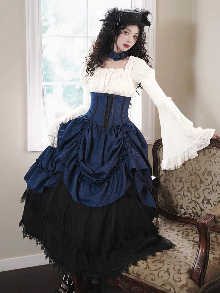 Boned Dark Lolita Bust Gothic High Skirt Blue Drawstring Waist Under