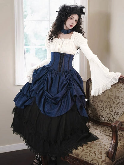 Boned Dark Lolita Bust Gothic High Skirt Blue Drawstring Waist Under