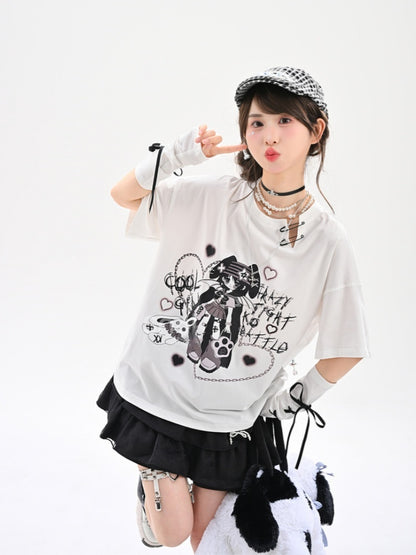 Lace-up with Neckline Detail Punk Girl Print Slit Gloves White Y2K T-Shirt