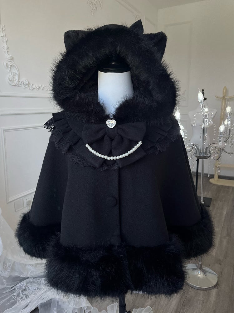 Hooded with Bow and Lace Woolen Cape Cat-Ear Black Details Accents