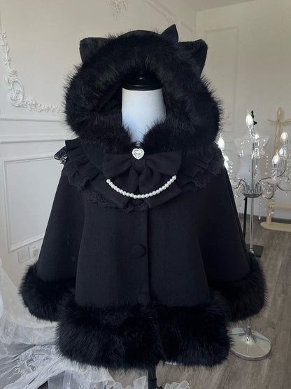 Hooded with Bow and Lace Woolen Cape Cat-Ear Black Details Accents