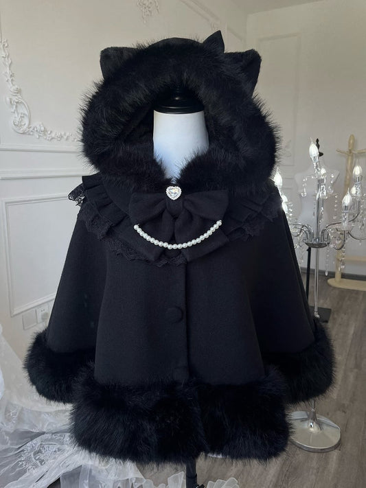 Hooded with Bow and Lace Woolen Cape Cat-Ear Black Details Accents