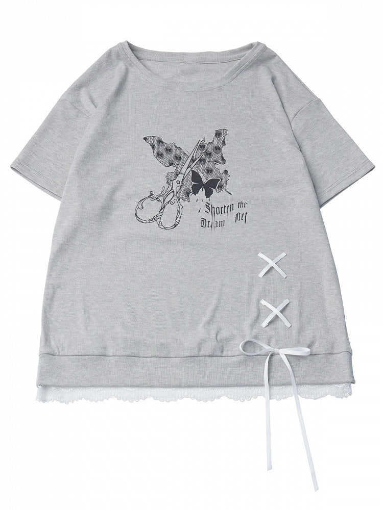 Gray Butterfly Round Neck Top with Lace & Ribbon - PINK SAVIOR
