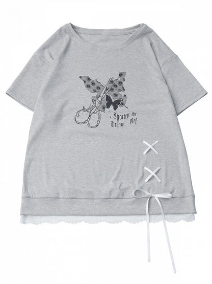 Gray Butterfly Round Neck Top with Lace & Ribbon - PINK SAVIOR