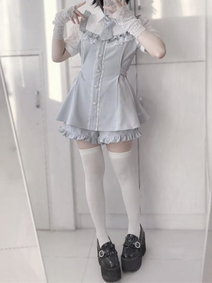 ボタンヘムショーツ+ネクタイフルトリムライトケイジライセット-レースブルーブラウス+フリルハート