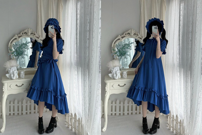 Klein Blue Gothic Lolita High-Low Ruffled Dress with Cross Patches - Blossom Herald