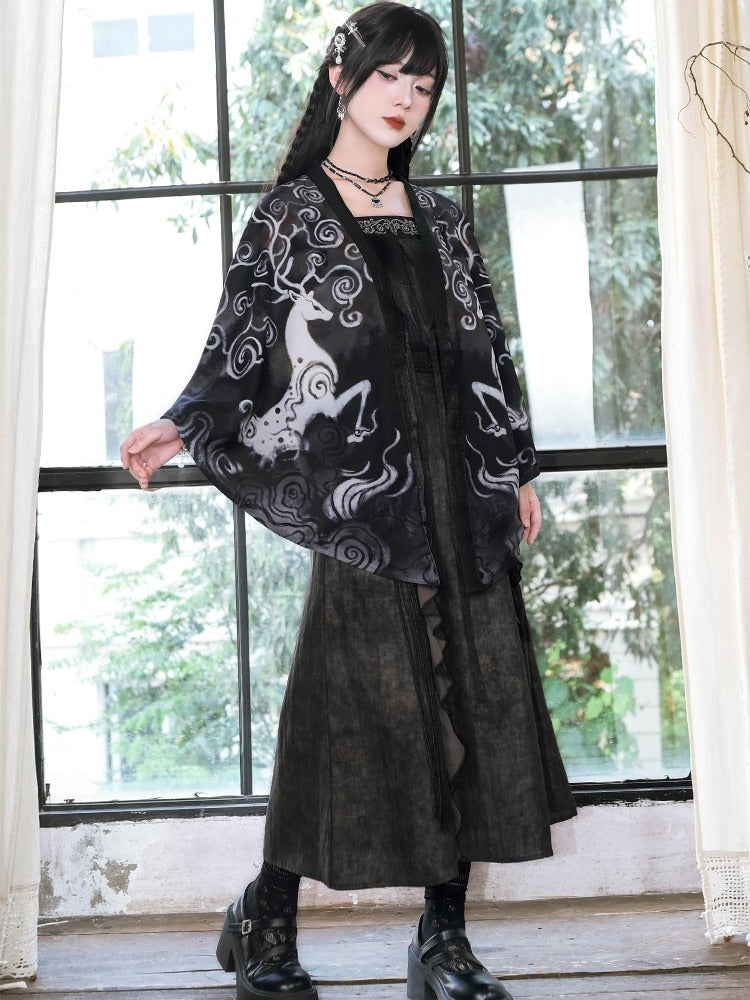 Chinese Gothic Black Chiffon Cardigan with Deer Print - Quirky Hut