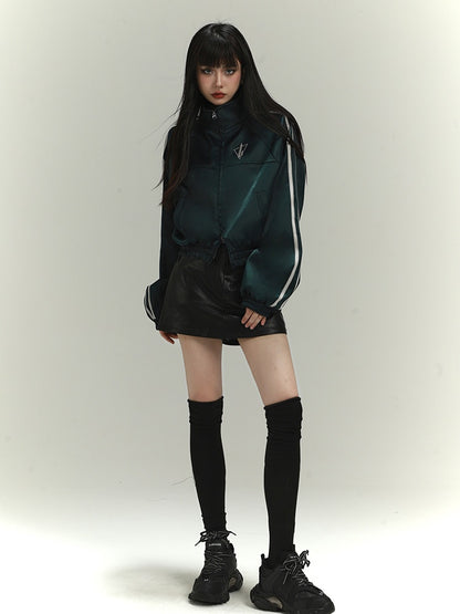 Dark Green Letter Embroidery Acubi Fashion Vintage Baseball Jacket