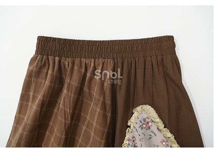 Brown Mori Kei High Waist Patchwork Skirt Lace Trim