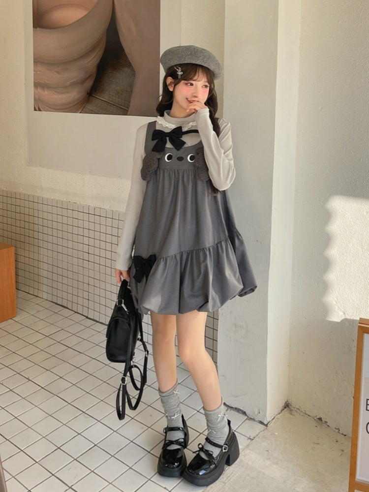 Design Bowknot Dress Bubble Skirt Accents Sleeveless Gray Plush Puppy Ears