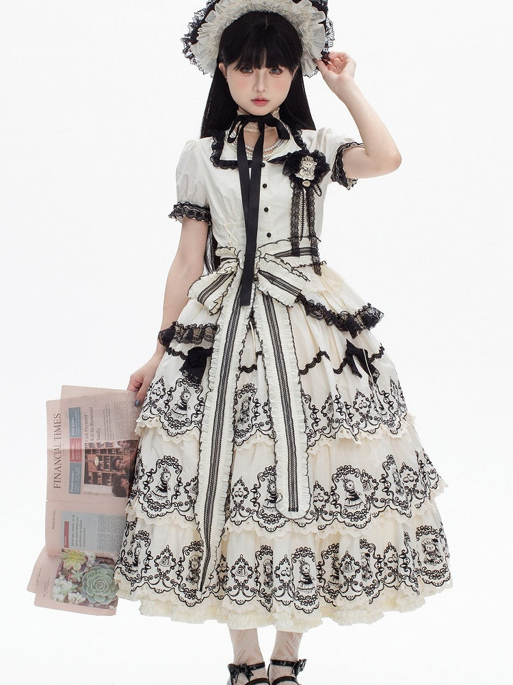 Lolita with Black Sleeves White Trims Elegant Lace Puff Blouse