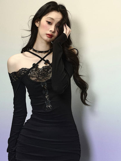 Black Lace Patchwork Mermaid Skirt Cross-strap Halter Maxi Dress Evening Gown