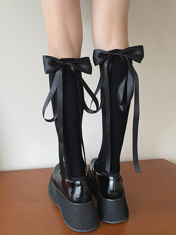 White/Black Sweet Bow Ribbon Calf Socks