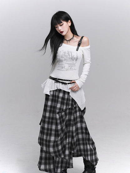 White Gothic Top Graffiti Neck with Asymmetrical Hem