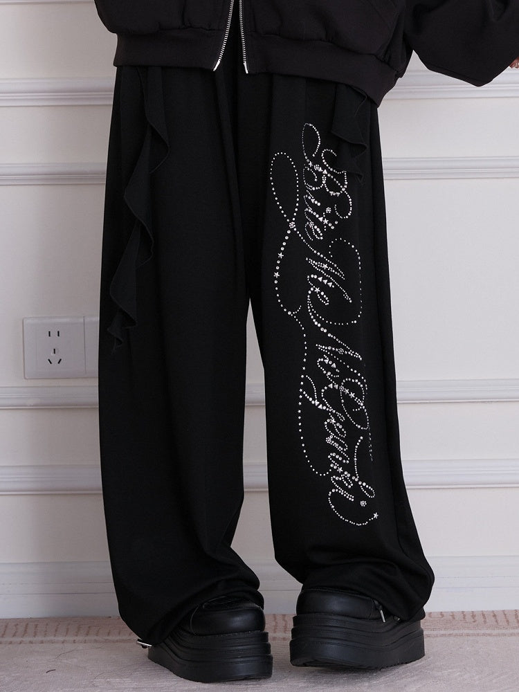 Black Straight-Leg Pants with Rhinestone Embellishment - No Genki