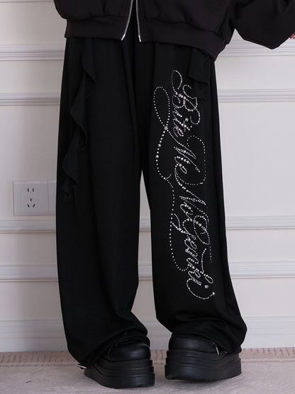 Black Straight-Leg Pants with Rhinestone Embellishment - No Genki