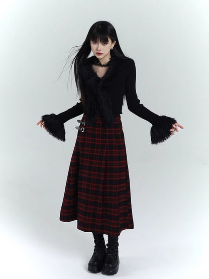 Gothic Black V-Neck Plush Trim Slim-fitting Knitted Sweater