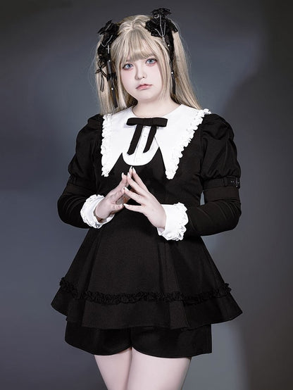 Black Jirai Juliette Flat Gothic Pointed Top with Sleeves Kei Set: Three-Piece White Collar