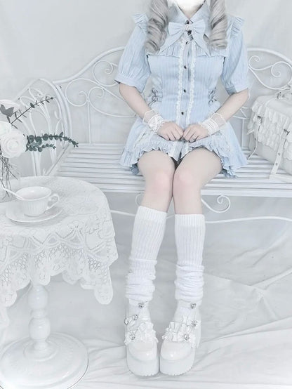 Waist Buckles Jirai Set: Blue Matching with Dress Kei Neckline Illusion Shorts Light