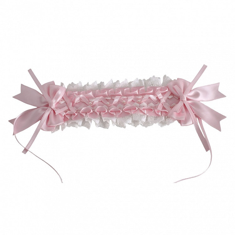 Pink Ribbon Lace Hairband with Accents White Ruffled