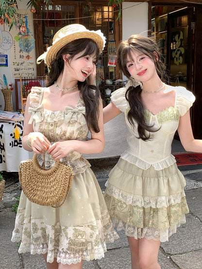 Light Vintage Print Lace Grape Green Elastic Waist Trim