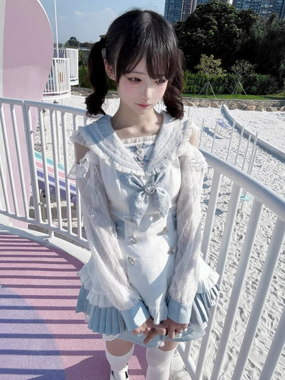 Landmine Style Two-Piece Set in Blue and White with Sailor Collar Cutout Shoulder Pleated Dress and Shorts - Broken Bear