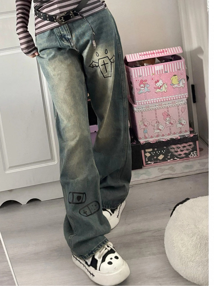 Denim Graphic Loose with Print Leg Jeans Blue Straight Fit