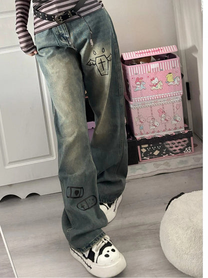 Denim Graphic Loose with Print Leg Jeans Blue Straight Fit