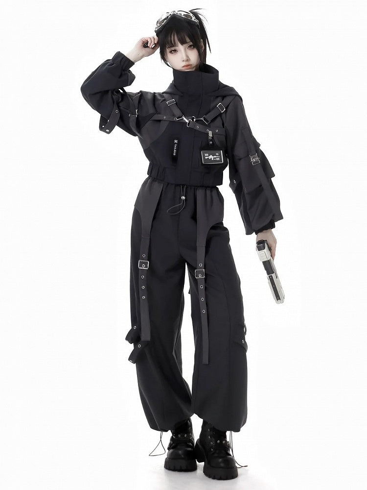 Black Buckle Straps Elastic Waist Cargo Pants