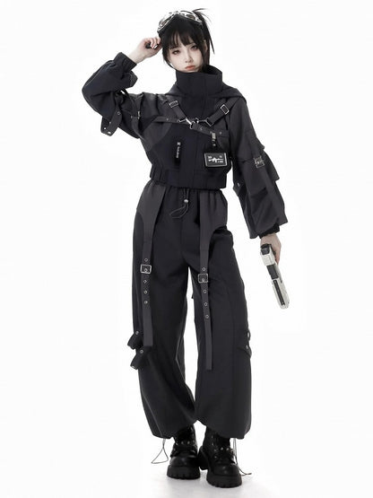 Black Buckle Straps Elastic Waist Cargo Pants