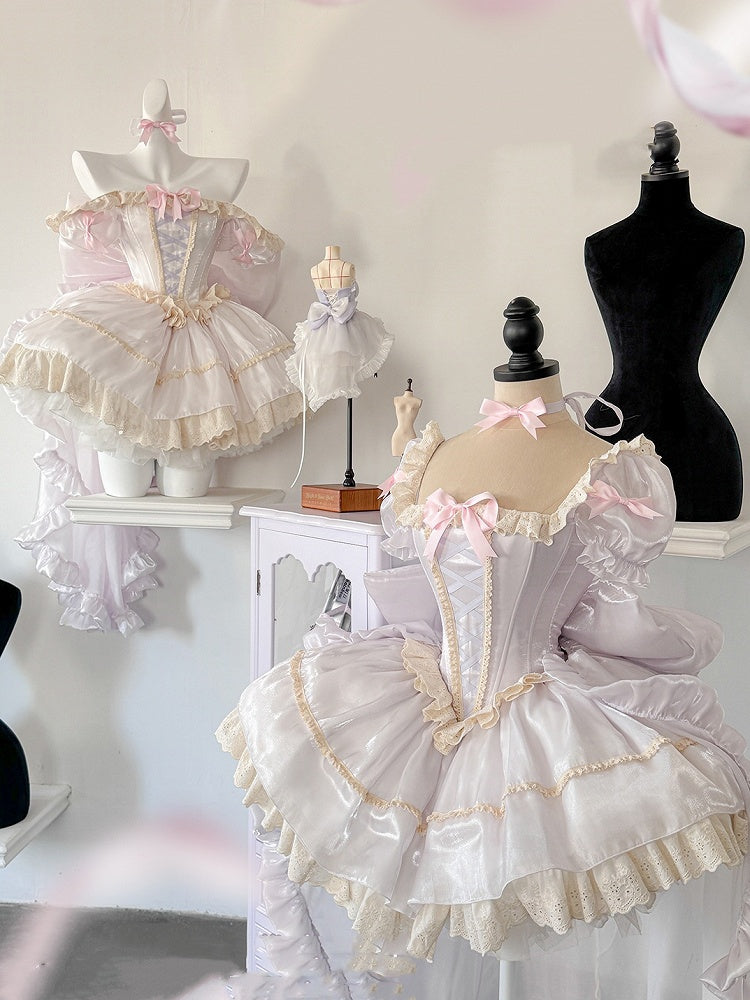 軽いドレススクエアネックラインとショートパフスリーブスイートロリータプリンセスパープルパフィー