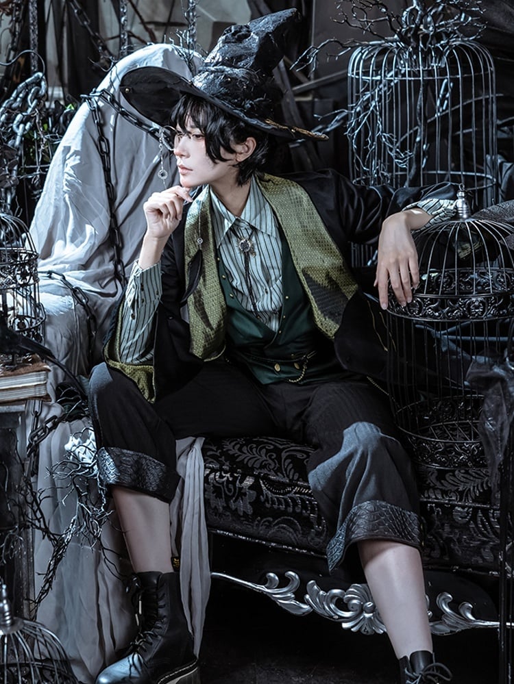 スケールPUスチームパンク柄カフス付きブラックパンツ