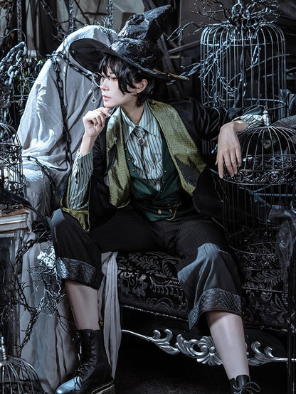 スケールPUスチームパンク柄カフス付きブラックパンツ