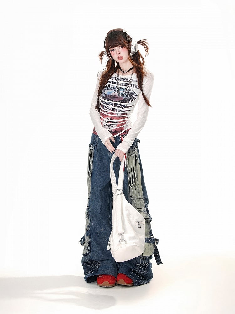 Schwarz/Weißes Rundhals-Top mit Punk-Glamour-Grafik