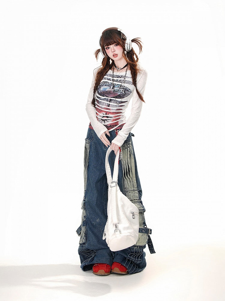 Round Punk Top Black/White Graphic Glamorous Neck