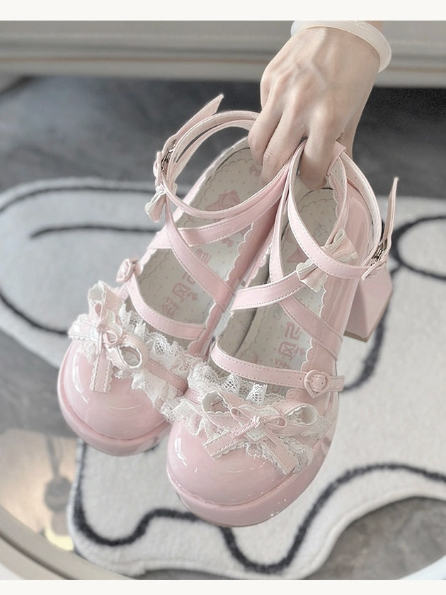 Lolita Heels White Lace Top Ruffles Patch Shoes Heart Bow Layered Block