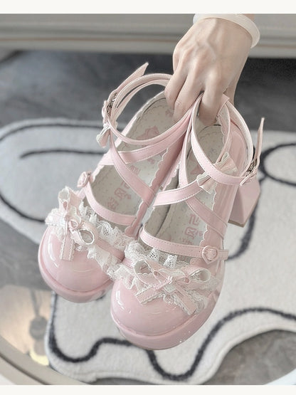 Lolita Heels White Lace Top Ruffles Patch Shoes Heart Bow Layered Block