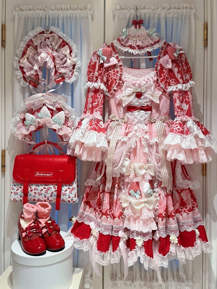 Red & Pink Strawberry Cake Print Bell Sleeve Lolita Dress - Ball Lolita