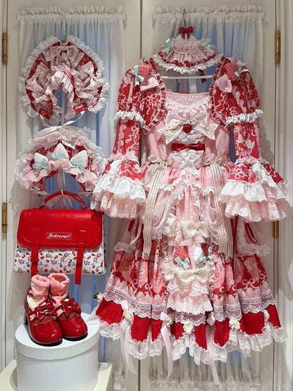 Red & Pink Strawberry Cake Print Bell Sleeve Lolita Dress - Ball Lolita