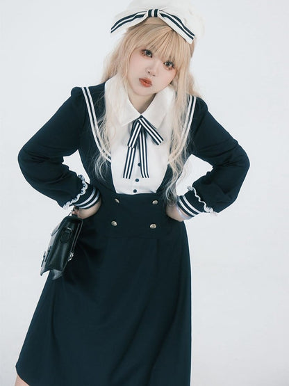 Midi JK Dress Size Striped Uniform Accents Preppy Black with Faux Plus Collar Two-Piece Sailor