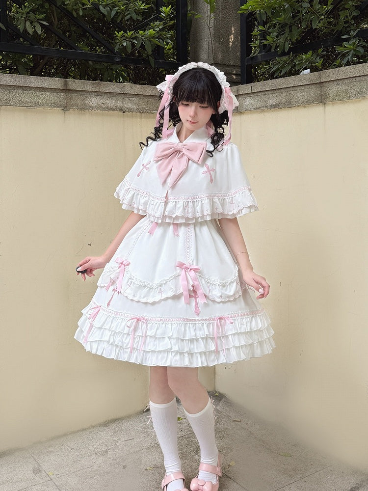 Sweet Short Sleeve Peter Pan Collar Lolita OP with Bow Accents in Pink & White - MUYU
