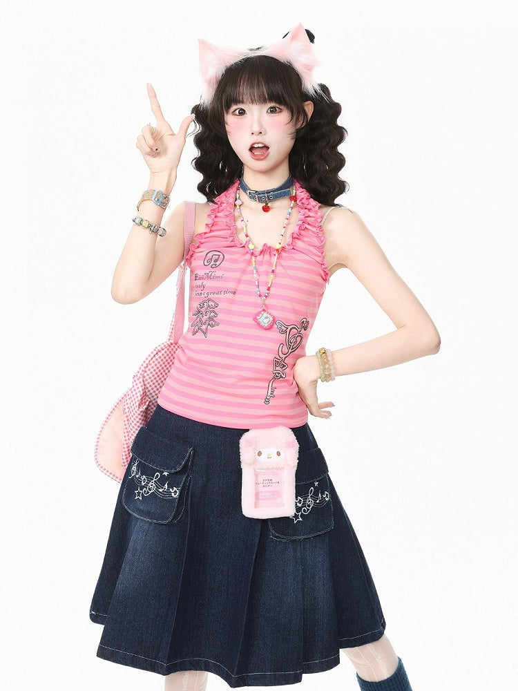 Pink Striped Tank Top with Ruffle Trim and Key Print - Languid Park