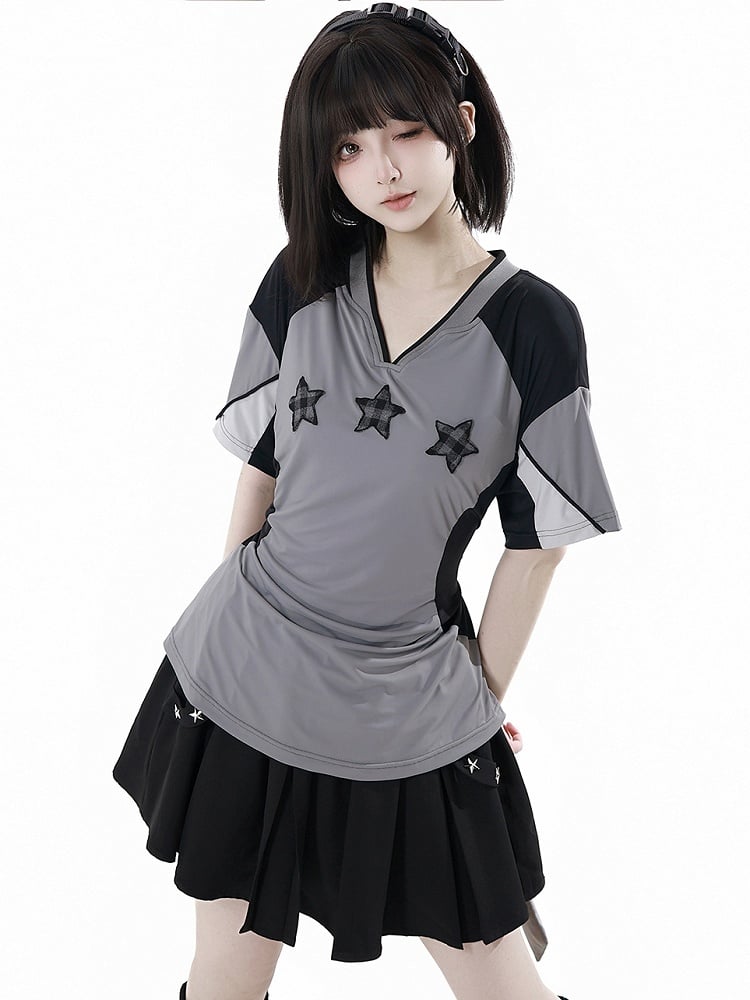 T-Shirt Stern Applikationen V-Ausschnitt Sport Colorblock Design Kariert Schwarz/Grau