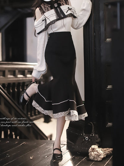 Aesthetic Shoulder Neckline Illusion Jirai with Contrast Pure Kei White Black - Innoncent Open and Sweater