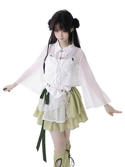 ボタンスタイルシャツ チャイナドレス 蝶型カットアウト ホワイト シースルー シフォン ノット ショートバージョン