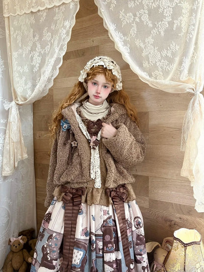 Brown Star-Accented Coat Toggles Sweet Plush with Drawstring Lolita