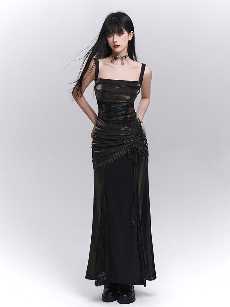 Taillenkordelzug Schwarze Spitze Hüfte Ärmelloses Kleid Patches