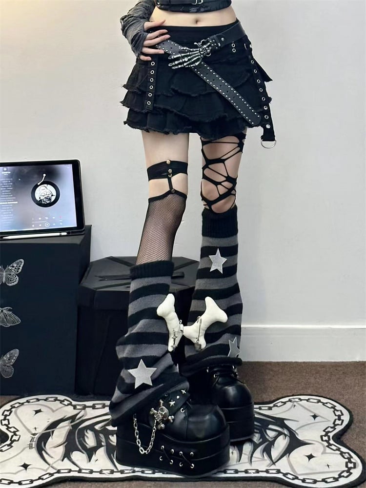 Punk Leg Striped Warmers Grey Black Knit